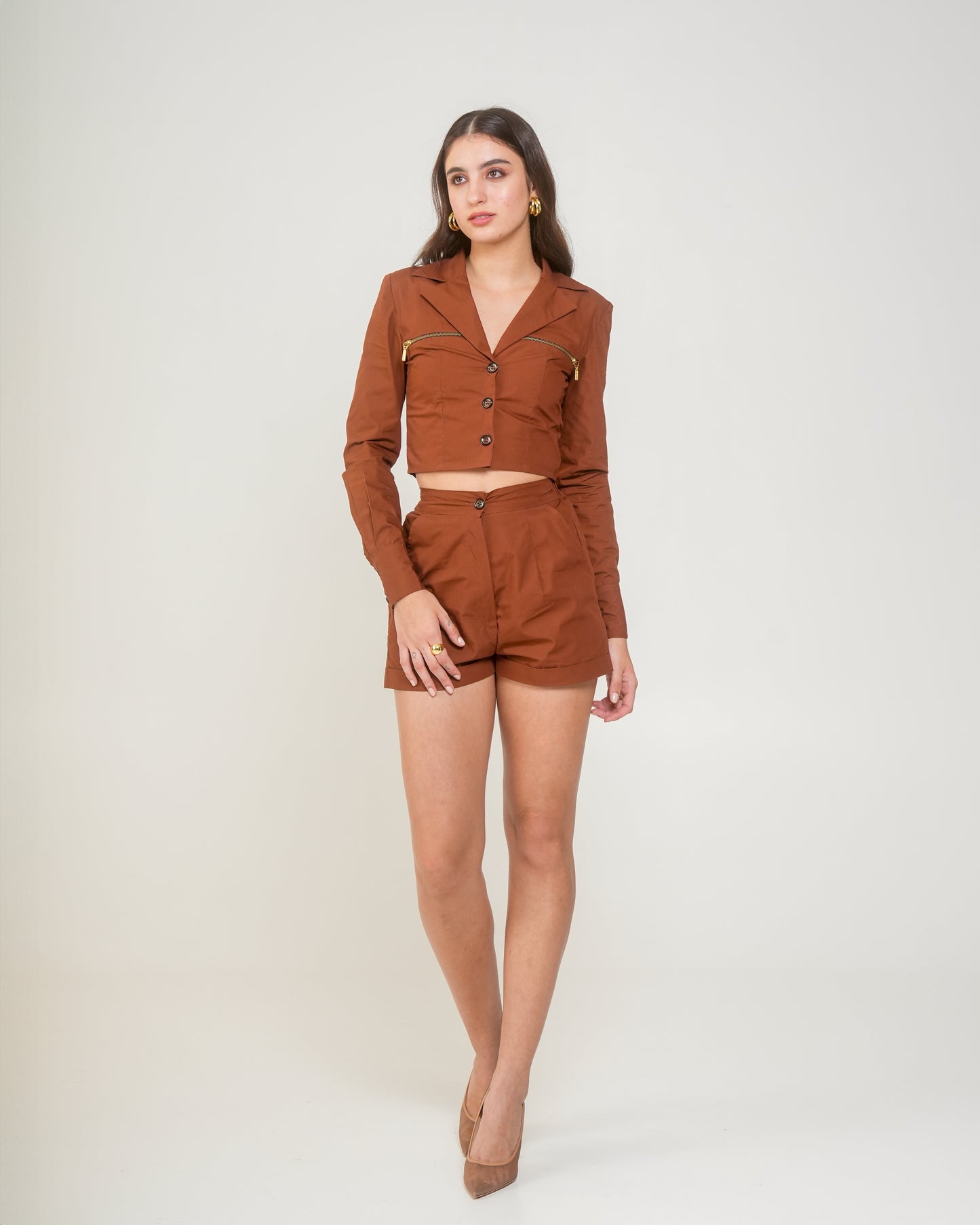 Malala Rust Brown Cropped Blazer with Gold Zips – Women’s Western Jacket