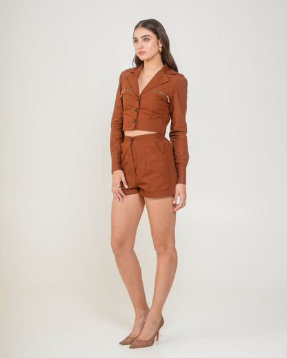 Malala Rust Brown Cropped Blazer with Gold Zips – Women’s Western Jacket