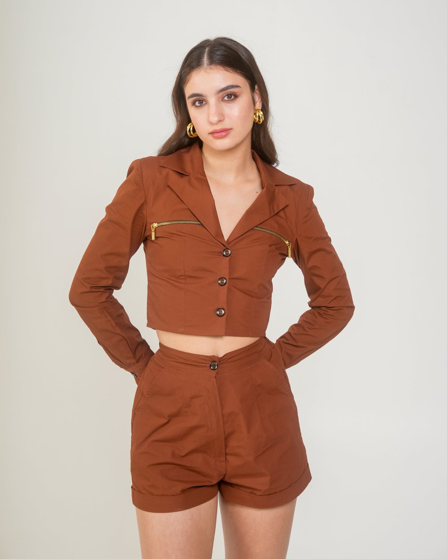 Malala Rust Brown Cropped Blazer with Gold Zips – Women’s Western Jacket
