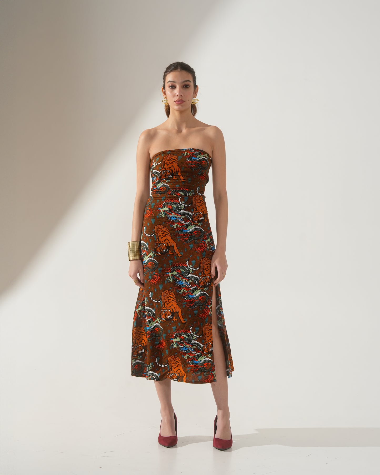 Maya Tiger Print Strapless Midi Dress – Bodycon Slit Dress for Women