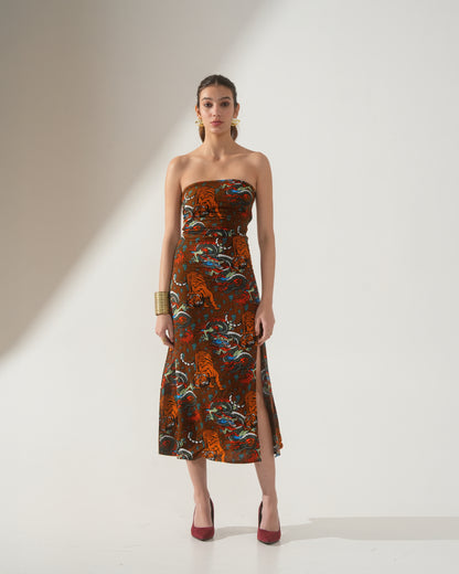 Maya Tiger Print Strapless Midi Dress – Bodycon Slit Dress for Women