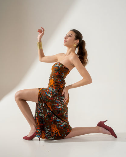 Maya Tiger Print Strapless Midi Dress – Bodycon Slit Dress for Women
