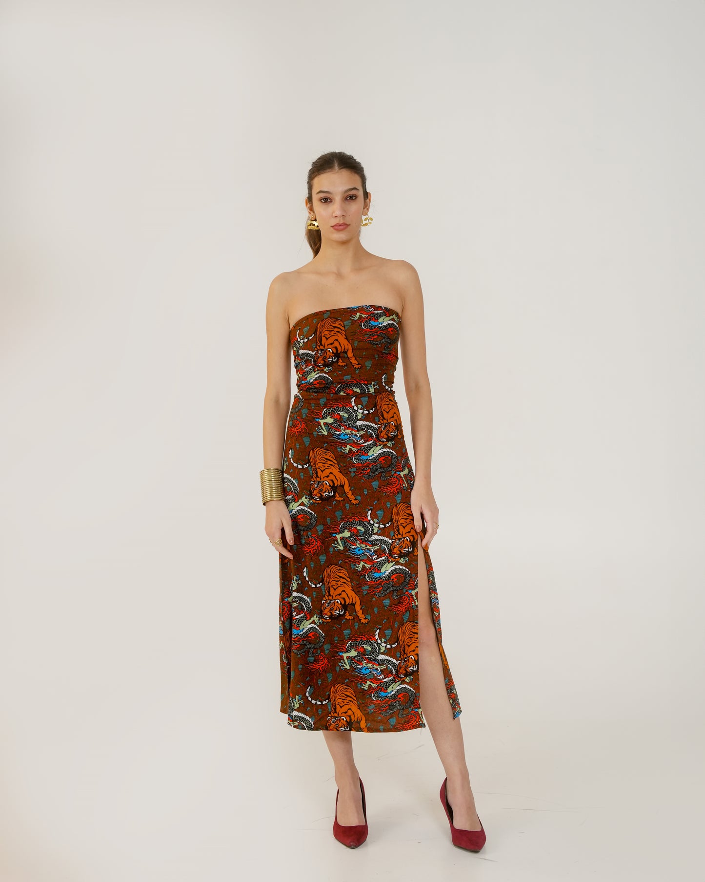 Maya Tiger Print Strapless Midi Dress – Bodycon Slit Dress for Women
