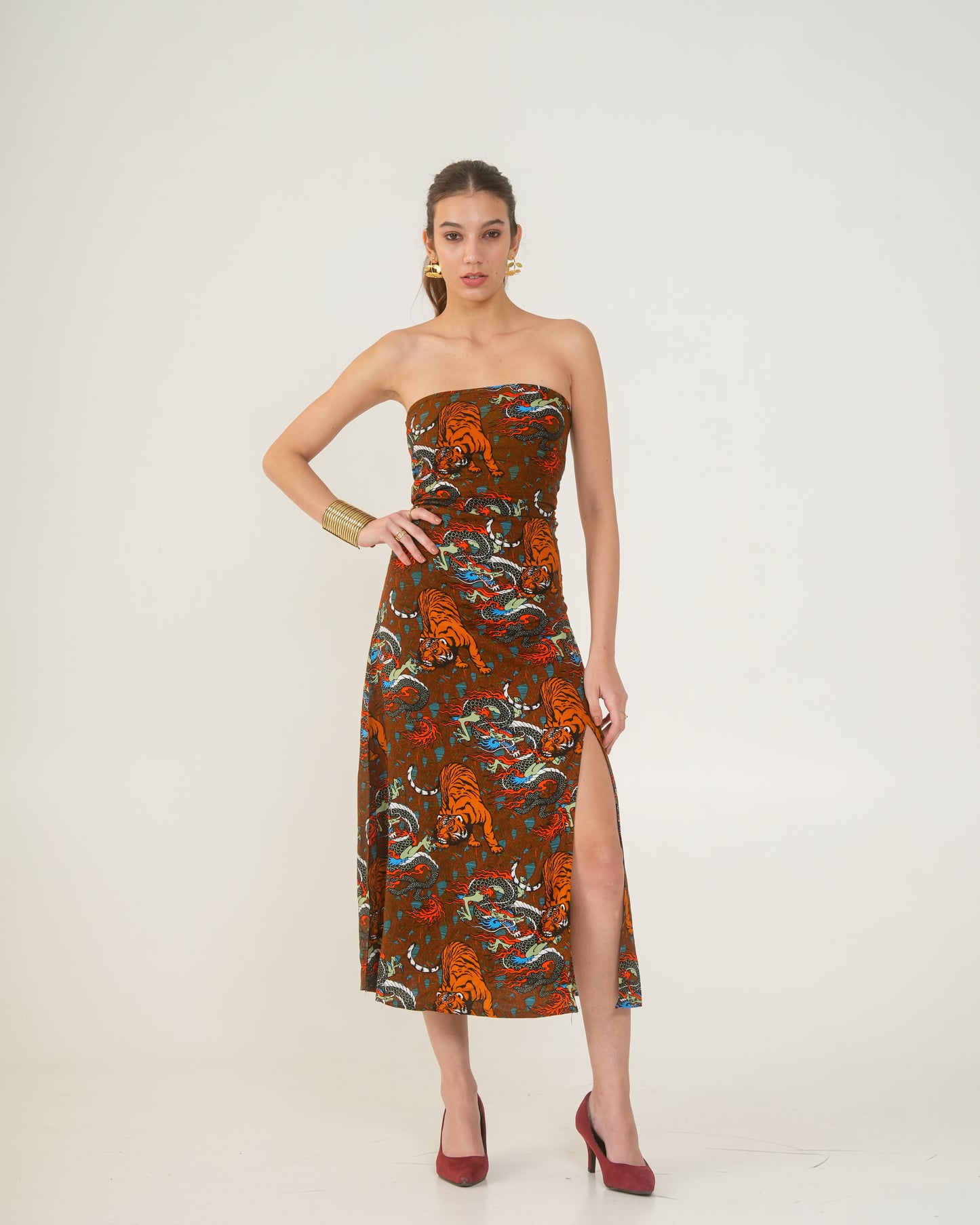 Maya Tiger Print Strapless Midi Dress – Bodycon Slit Dress for Women