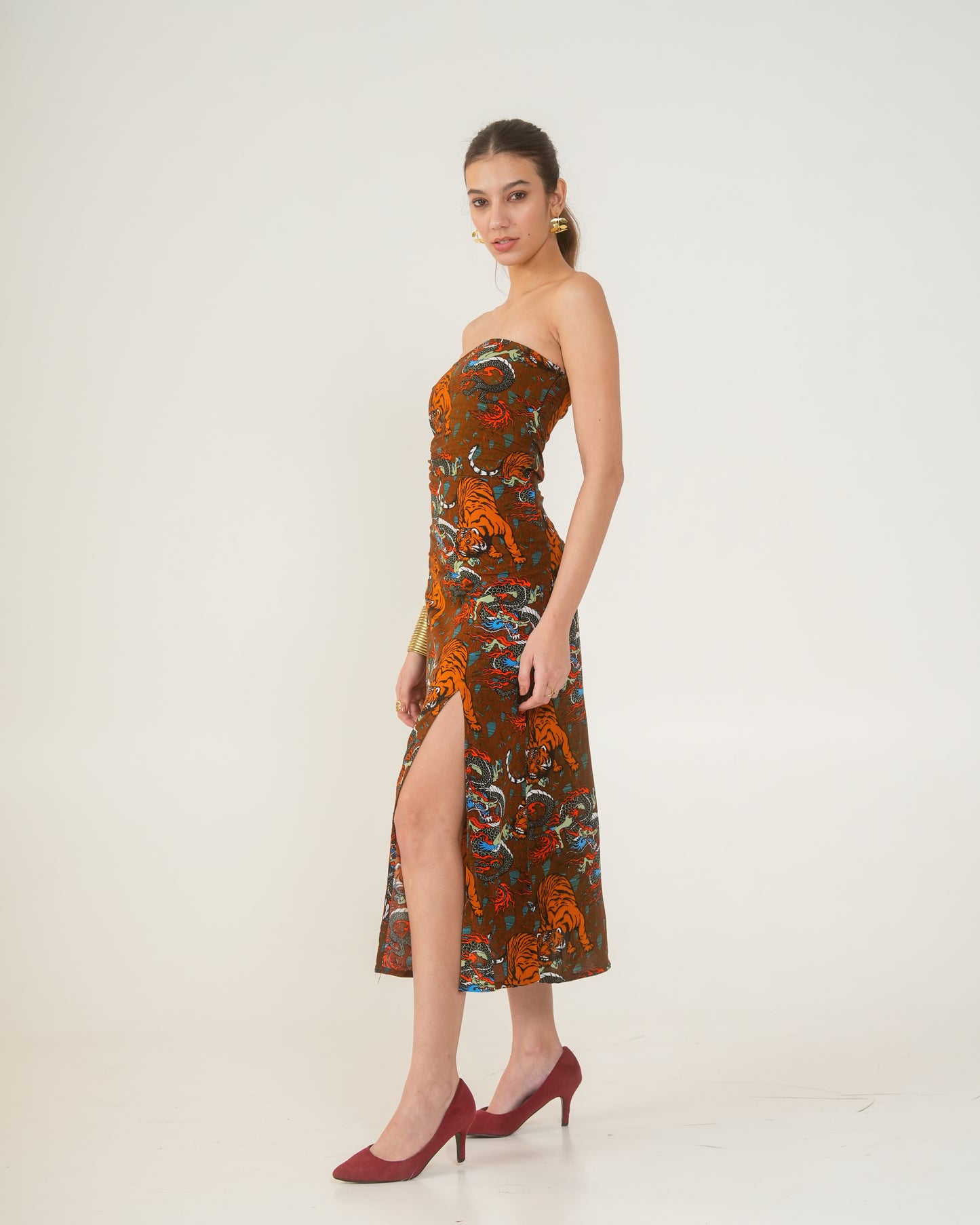 Maya Tiger Print Strapless Midi Dress – Bodycon Slit Dress for Women