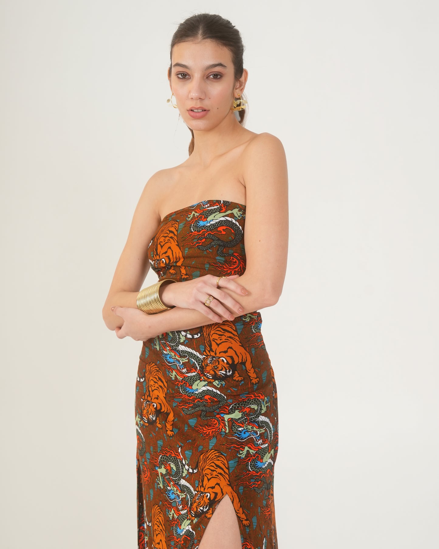 Maya Tiger Print Strapless Midi Dress – Bodycon Slit Dress for Women