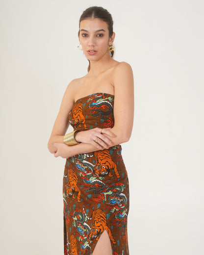 Maya Tiger Print Strapless Midi Dress – Bodycon Slit Dress for Women