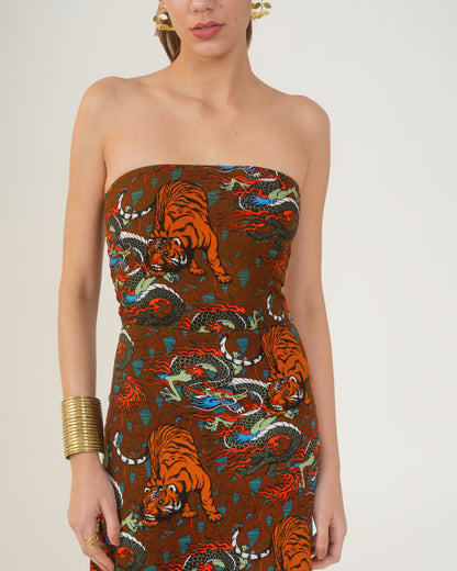 Maya Tiger Print Strapless Midi Dress – Bodycon Slit Dress for Women