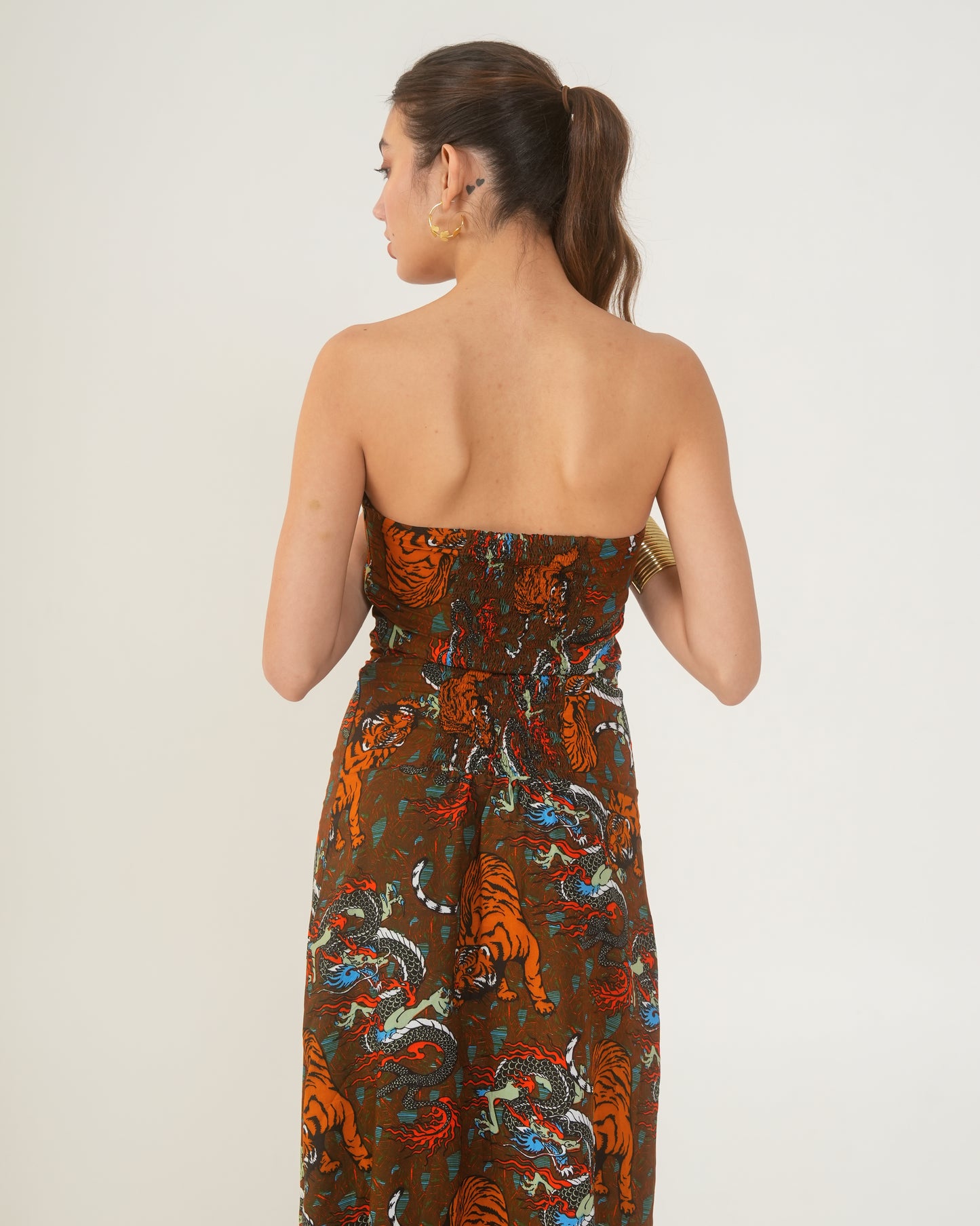 Maya Tiger Print Strapless Midi Dress – Bodycon Slit Dress for Women