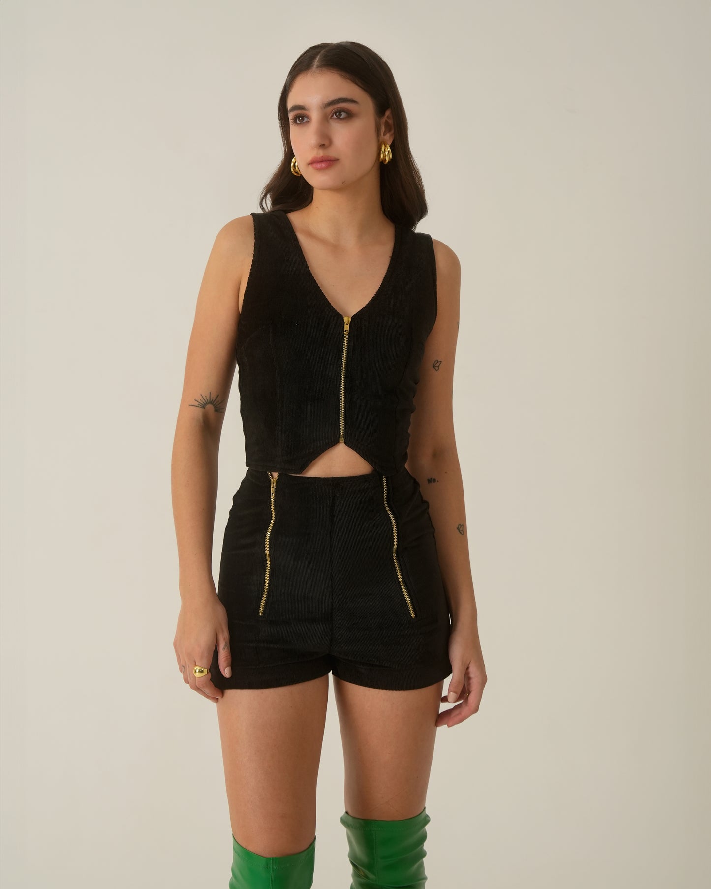 Frida Black Sleeveless Zip-Front Knit Crop Waistcoat style top for Women