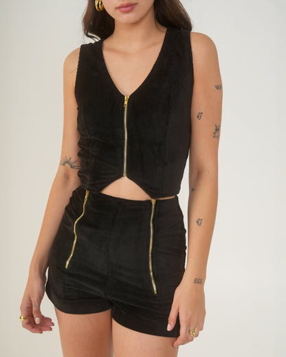 Frida Black Sleeveless Zip-Front Knit Crop Waistcoat style top for Women