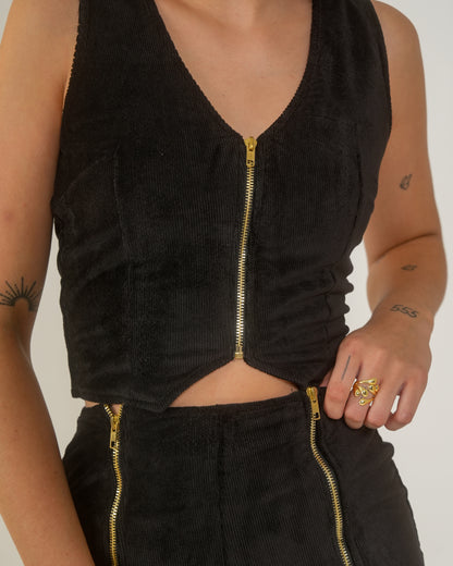 Frida Black Sleeveless Zip-Front Knit Crop Waistcoat style top for Women