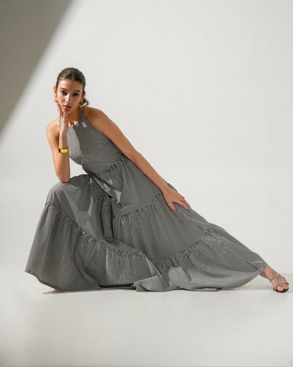 Cleopatra Maxi Striped Halter Backless Cotton Dress for Women