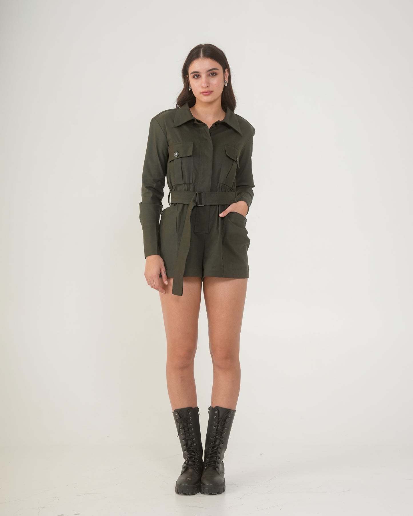 Nefertiti Short Women's Army Green Utility Romper – Belted Playsuit