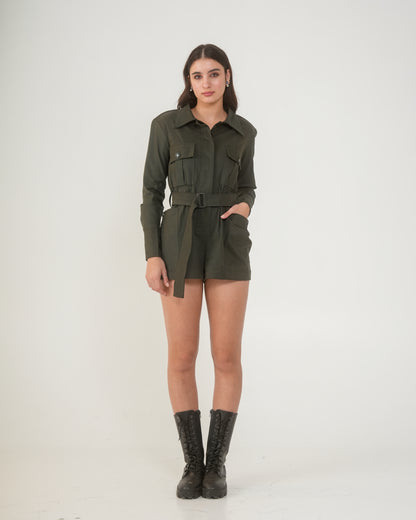 Nefertiti Short Women's Army Green Utility Romper – Belted Playsuit