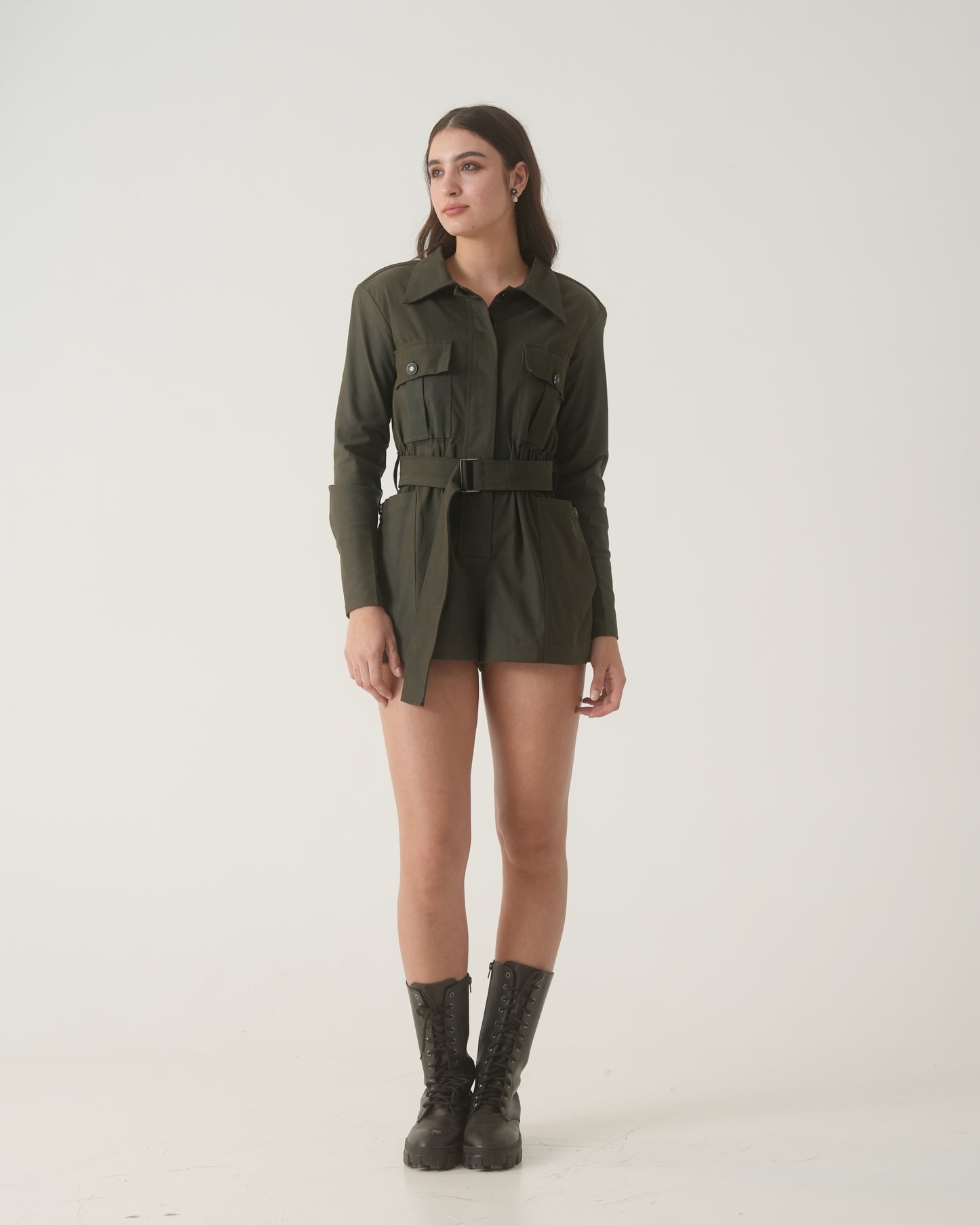 Nefertiti Short Women's Army Green Utility Romper – Belted Playsuit