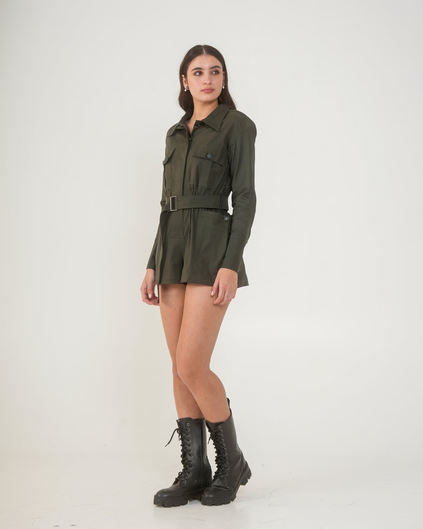Nefertiti Short Women's Army Green Utility Romper – Belted Playsuit