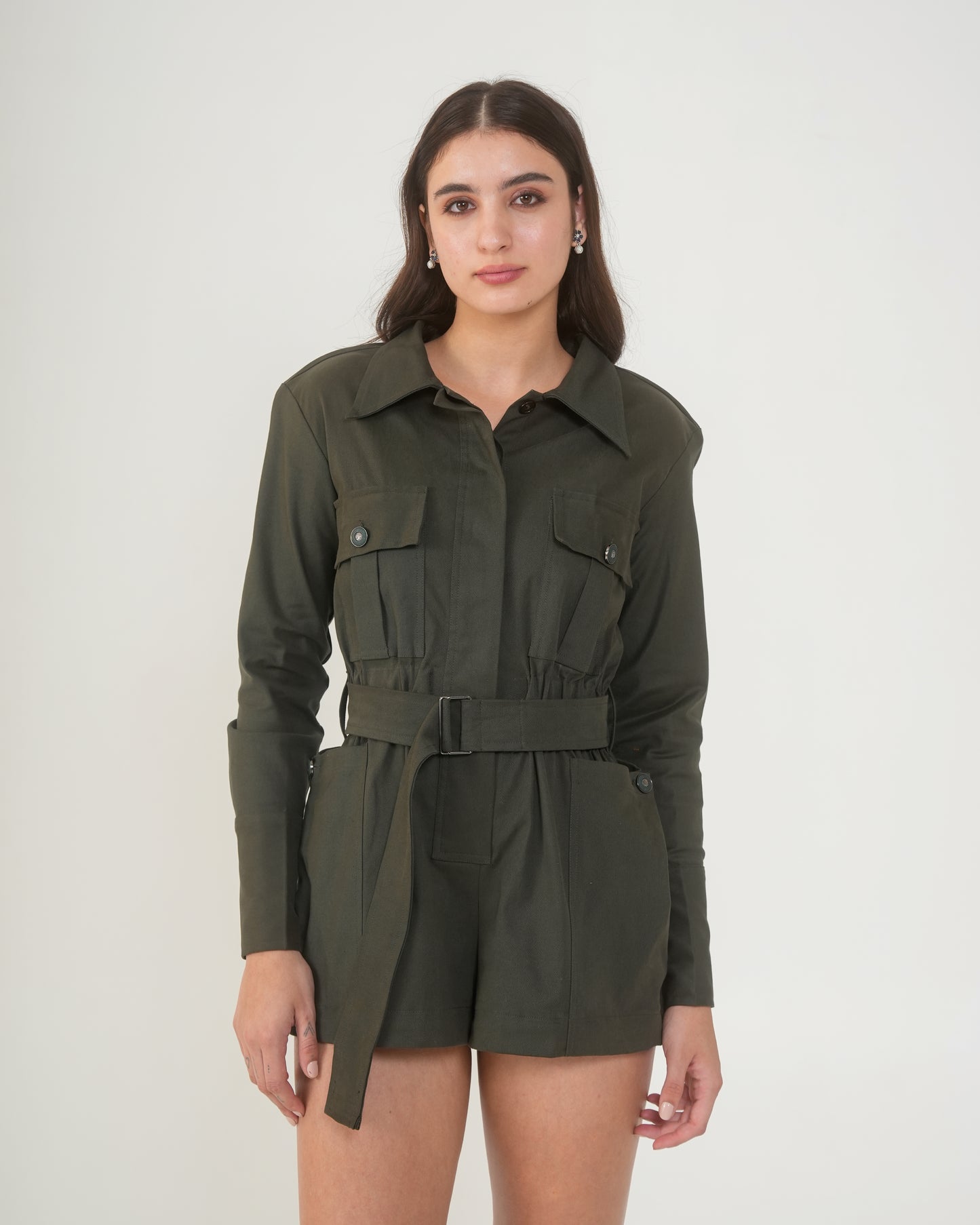 Nefertiti Short Women's Army Green Utility Romper – Belted Playsuit