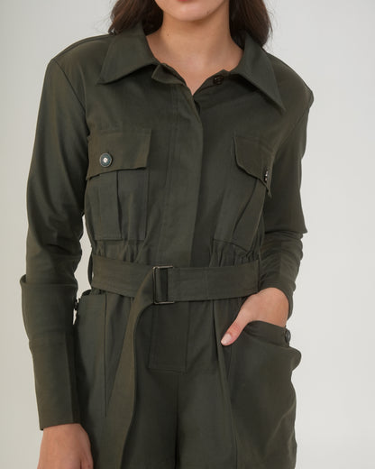 Nefertiti Short Women's Army Green Utility Romper – Belted Playsuit