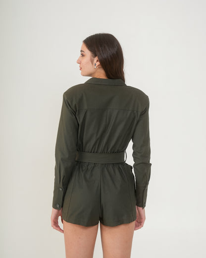Nefertiti Short Women's Army Green Utility Romper – Belted Playsuit