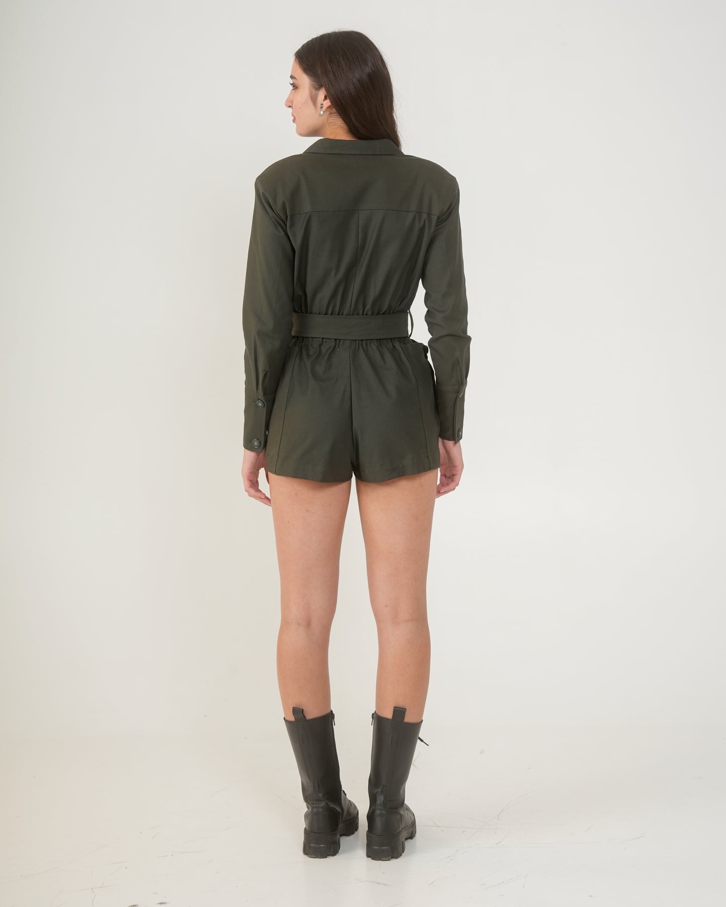 Nefertiti Short Women's Army Green Utility Romper – Belted Playsuit