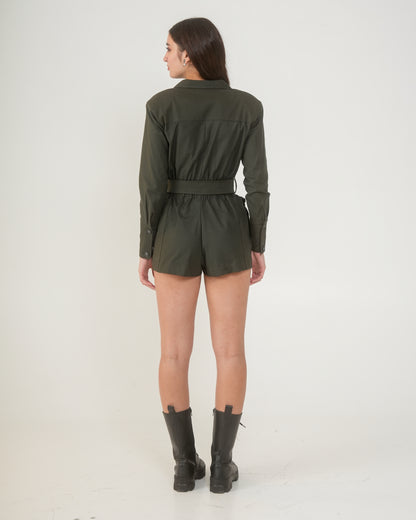 Nefertiti Short Women's Army Green Utility Romper – Belted Playsuit