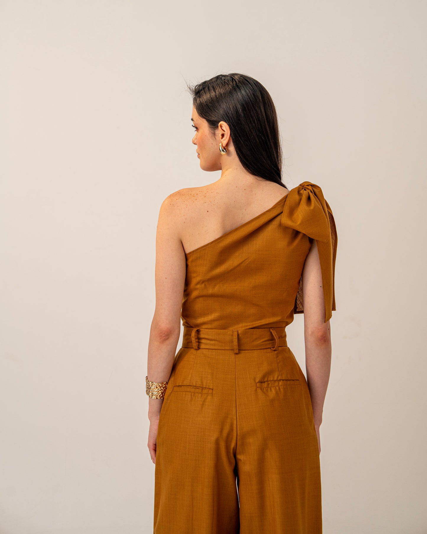 Molten Light Top – One-Shoulder Mustard Linen Blend Tie-up Top for Women