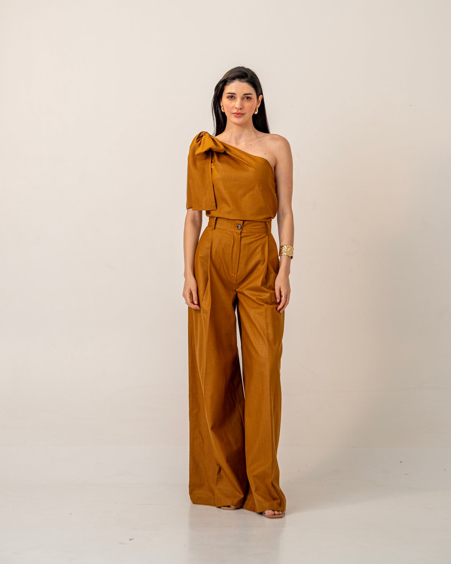 Molten Light Top – One-Shoulder Mustard Linen Blend Tie-up Top for Women