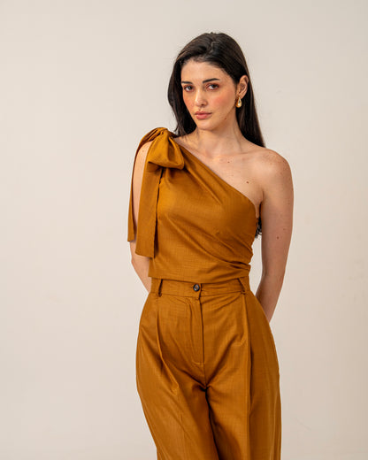 Molten Light Top – One-Shoulder Mustard Linen Blend Tie-up Top for Women