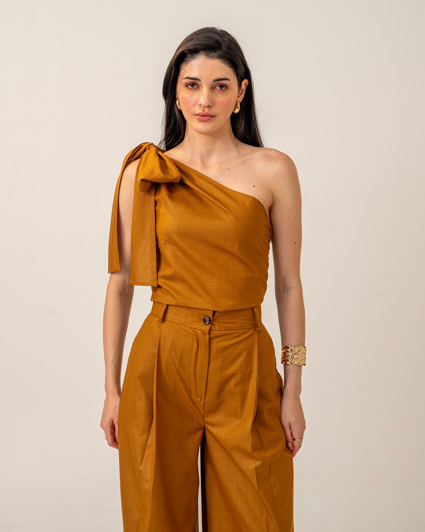 Molten Light Top – One-Shoulder Mustard Linen Blend Tie-up Top for Women