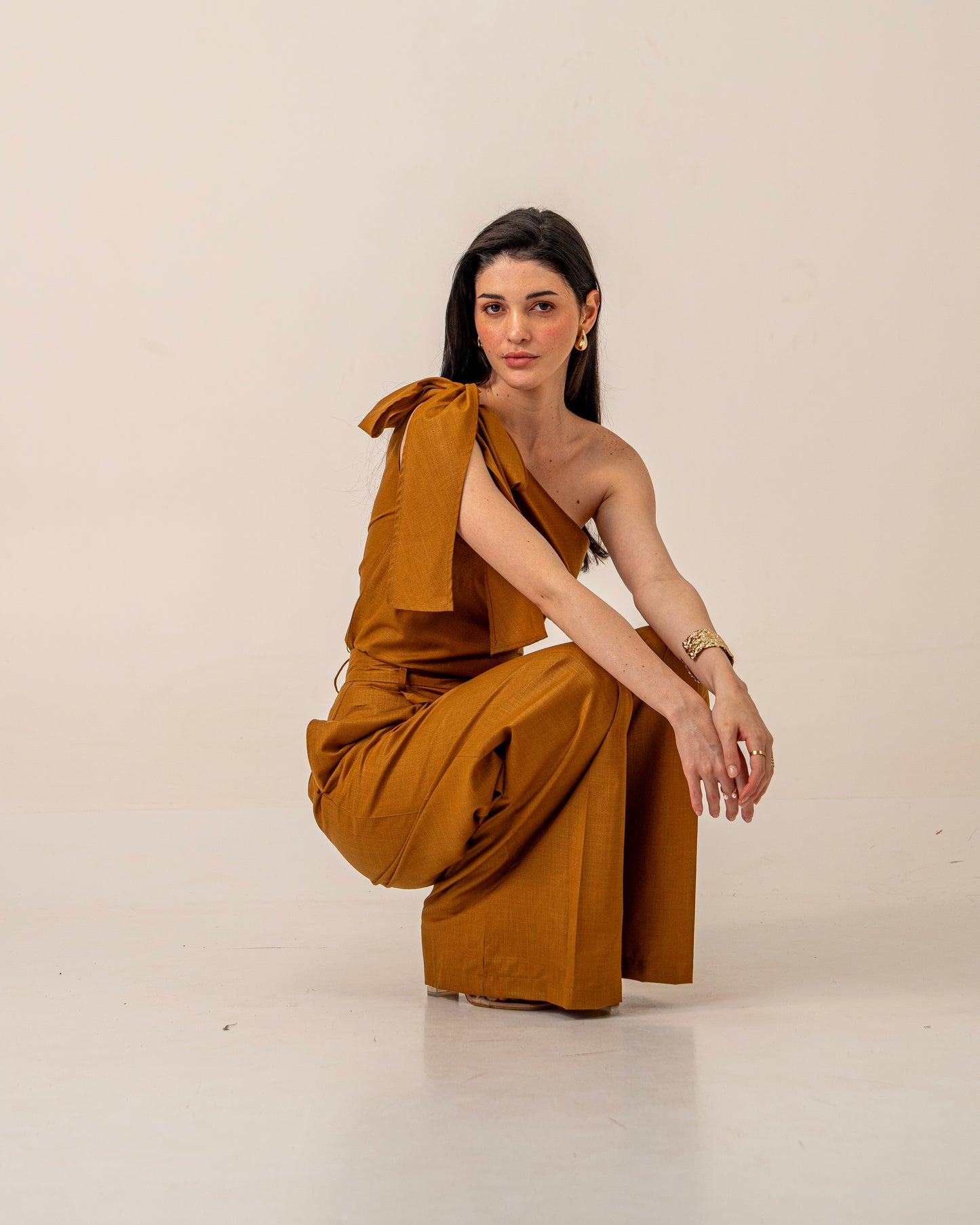 Molten Light Top – One-Shoulder Mustard Linen Blend Tie-up Top for Women