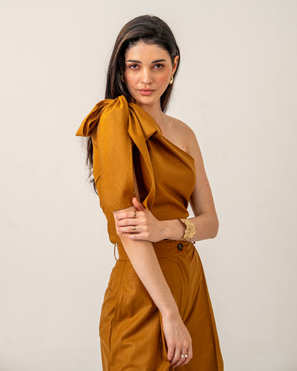 Molten Light Top – One-Shoulder Mustard Linen Blend Tie-up Top for Women