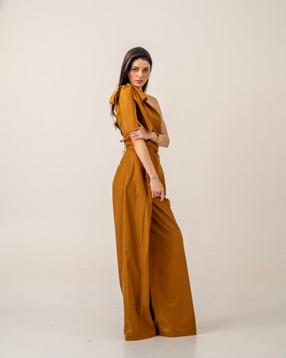 Molten Light Top – One-Shoulder Mustard Linen Blend Tie-up Top for Women