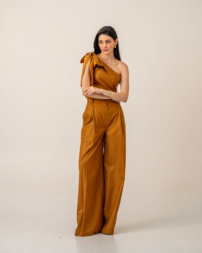 Molten Light Top – One-Shoulder Mustard Linen Blend Tie-up Top for Women