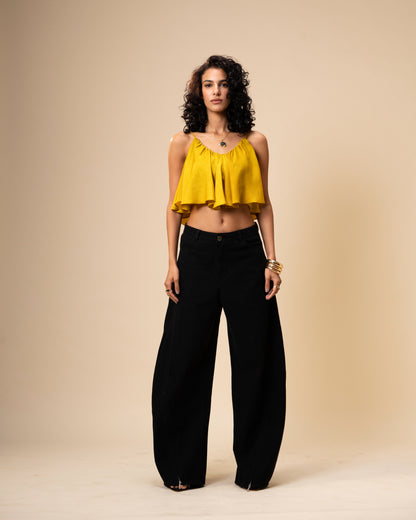 Spill Coordset - Black Barrel fit Denim and Frill Crop Top