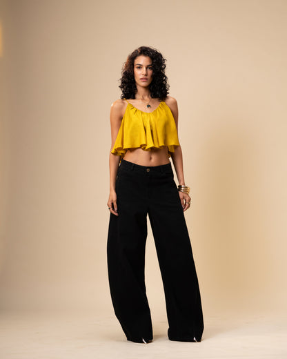 Spill Coordset - Black Barrel fit Denim and Frill Crop Top