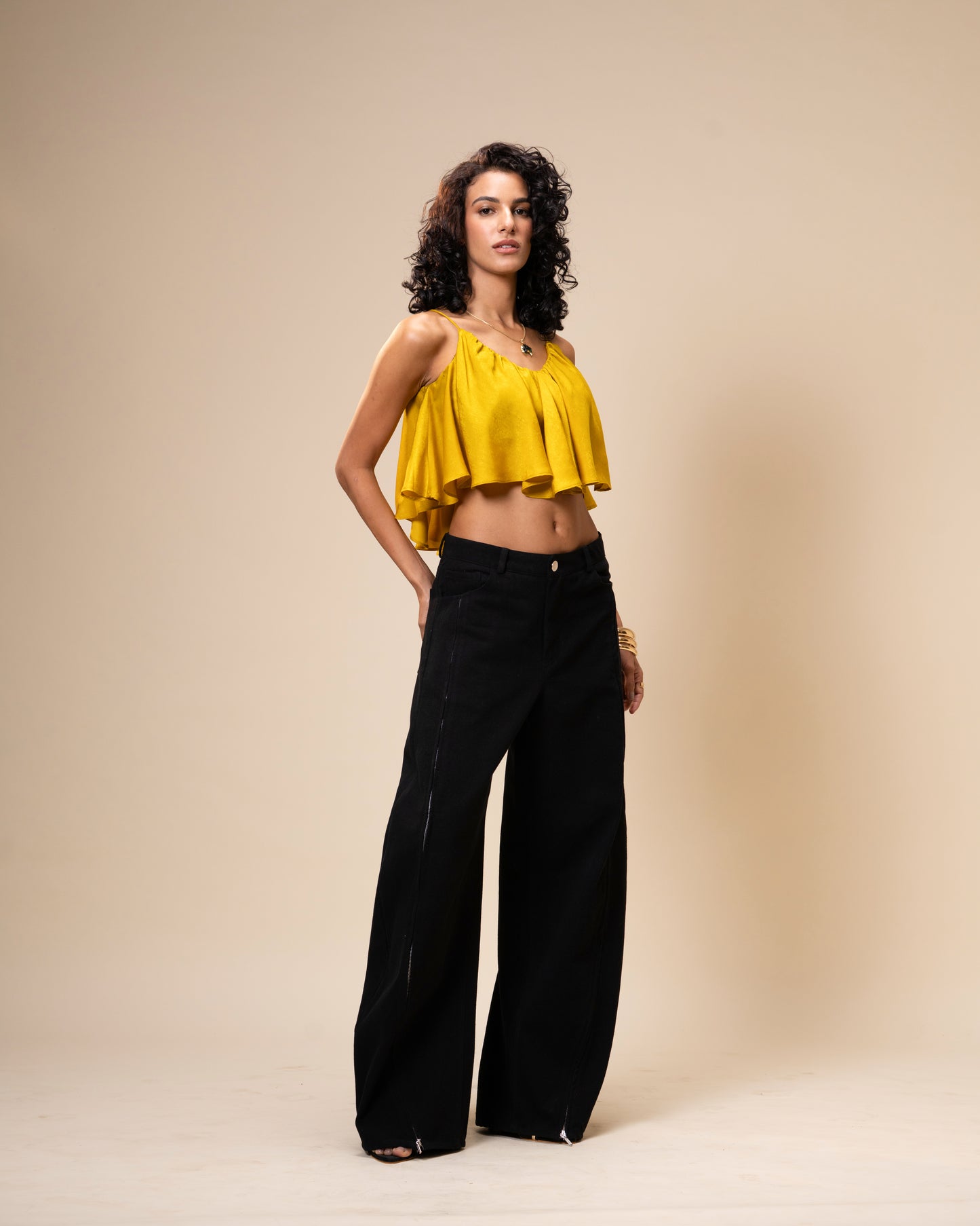 Spill Coordset - Black Barrel fit Denim and Frill Crop Top