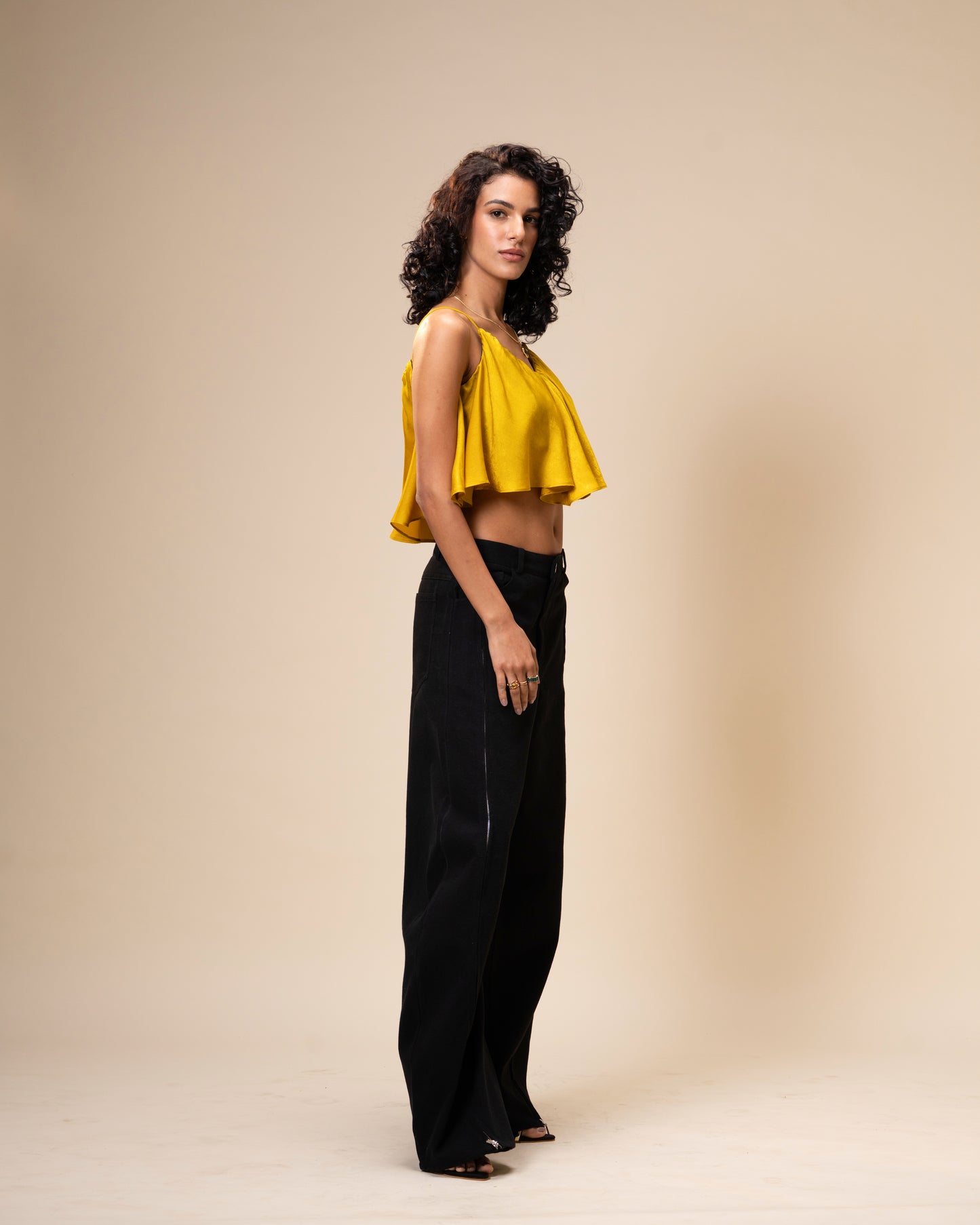 Spill Coordset - Black Barrel fit Denim and Frill Crop Top