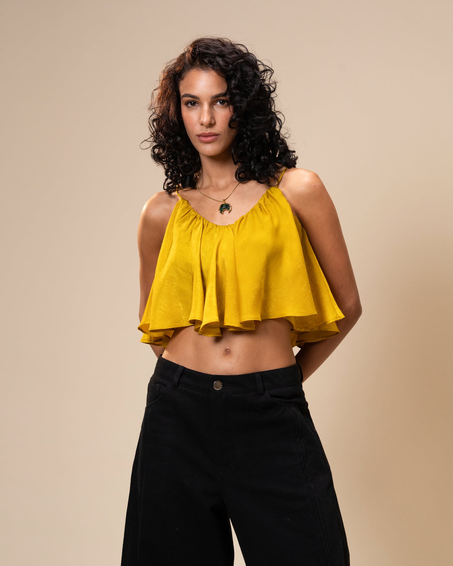 Spill Coordset - Black Barrel fit Denim and Frill Crop Top