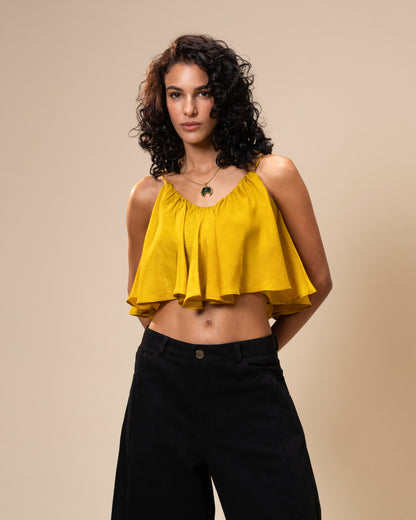 Spill Coordset - Black Barrel fit Denim and Frill Crop Top