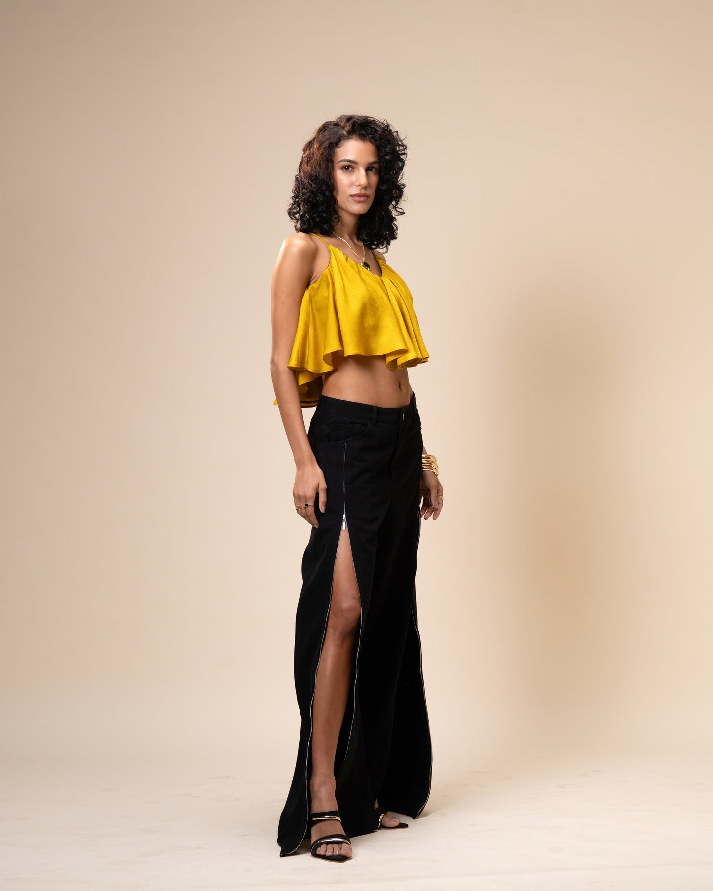 Spill Coordset - Black Barrel fit Denim and Frill Crop Top
