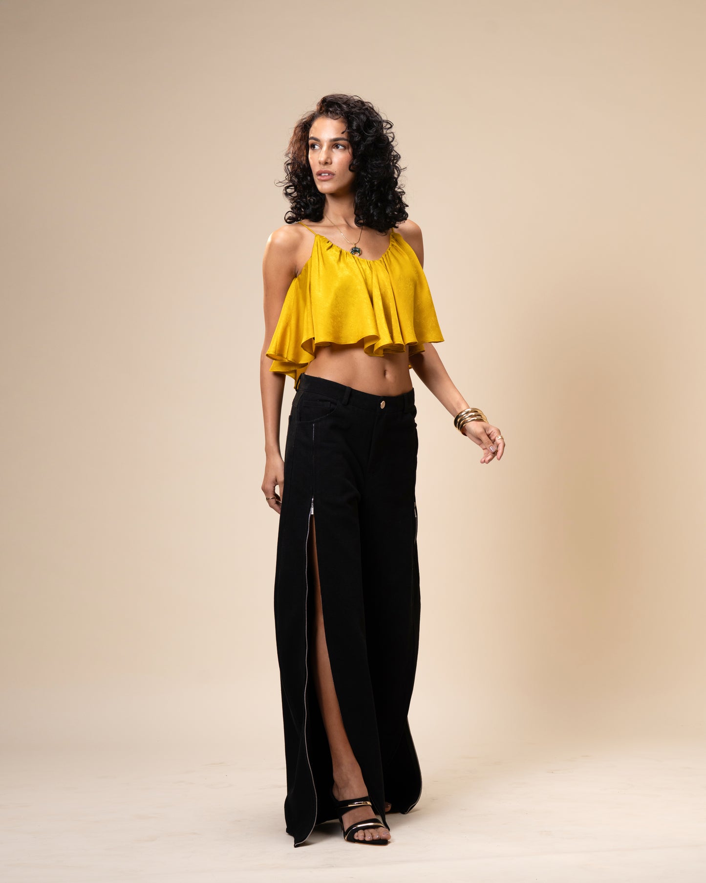 Spill Coordset - Black Barrel fit Denim and Frill Crop Top