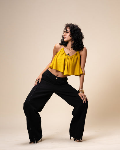 Spill Coordset - Black Barrel fit Denim and Frill Crop Top