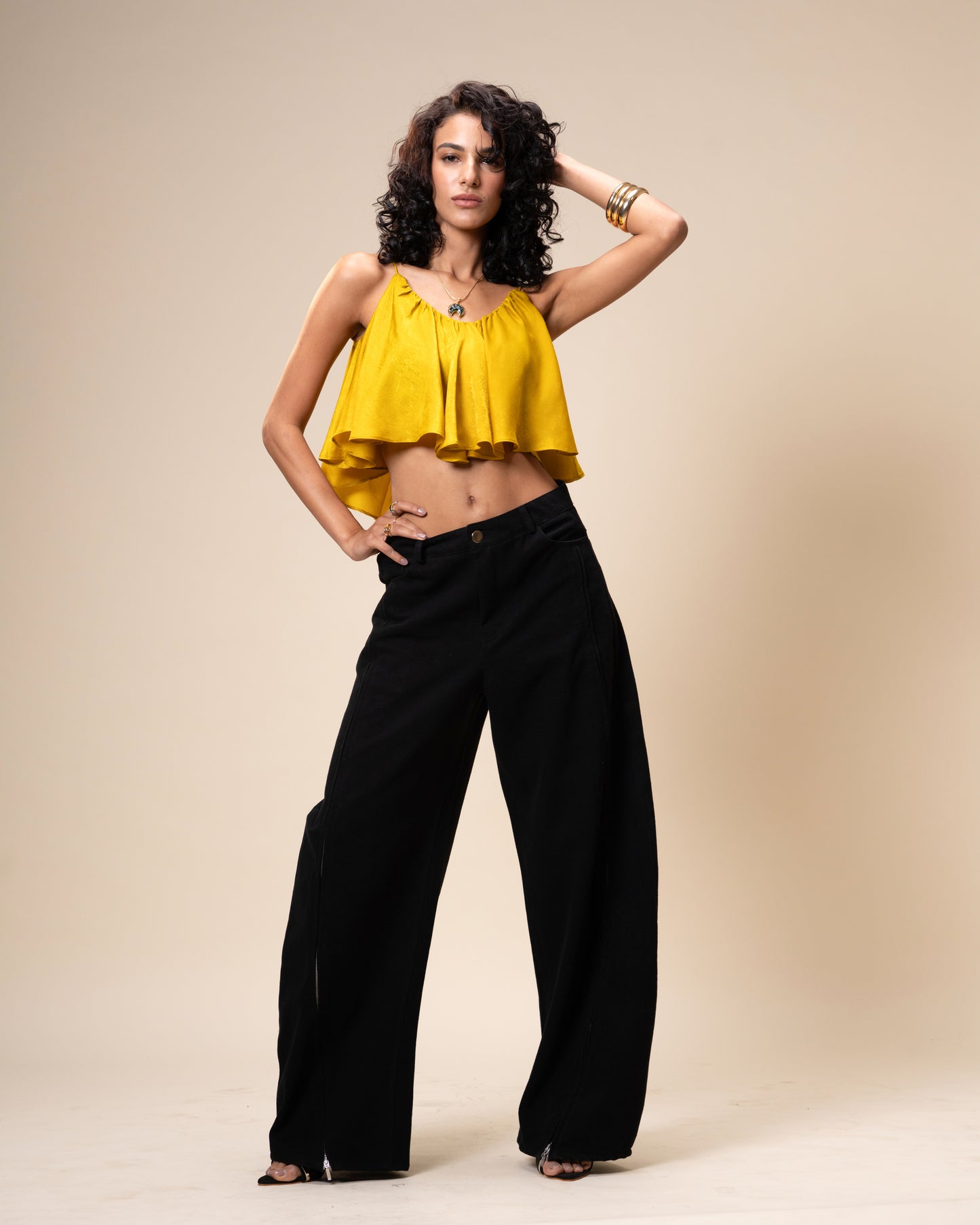 Spill Coordset - Black Barrel fit Denim and Frill Crop Top