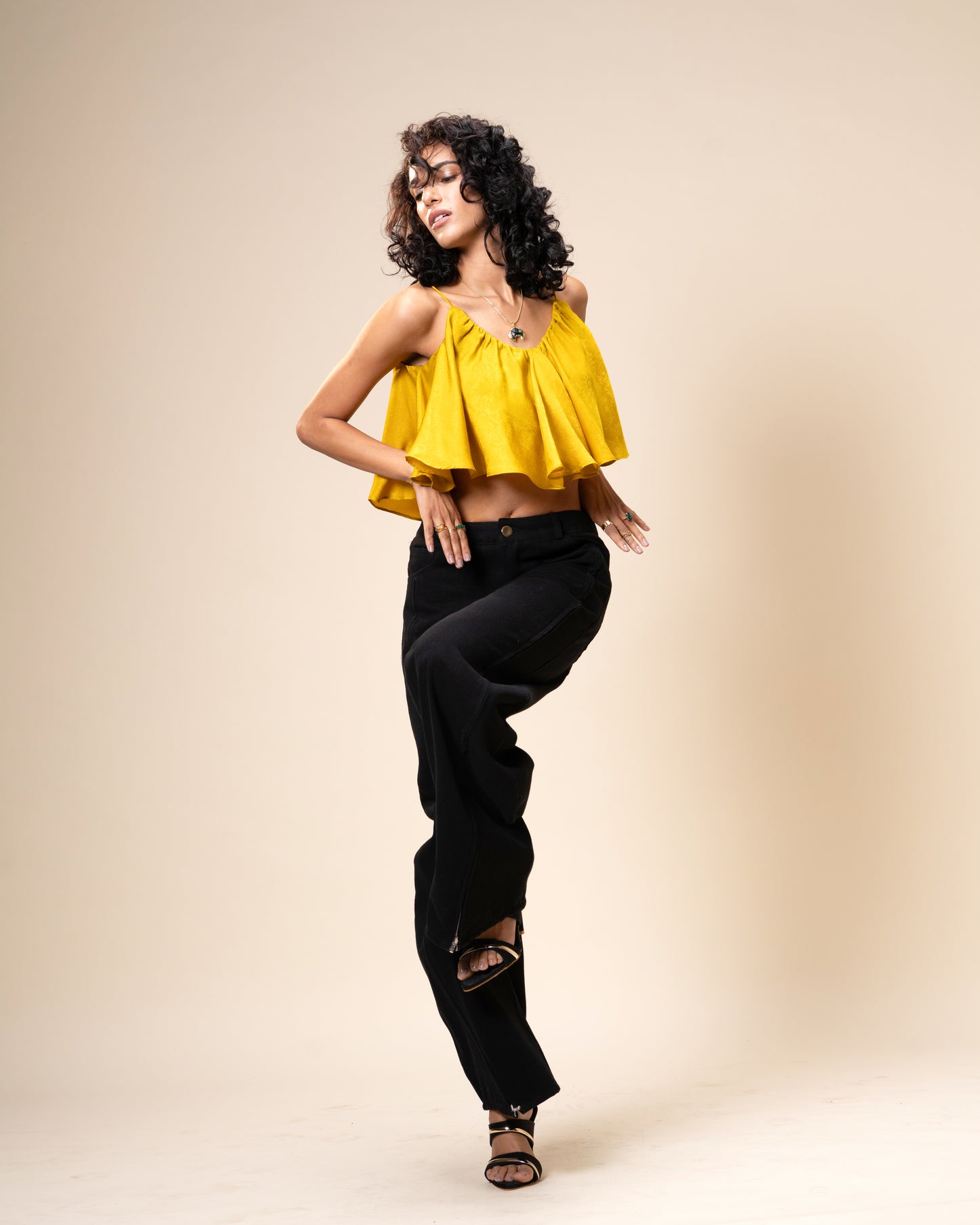 Spill Coordset - Black Barrel fit Denim and Frill Crop Top