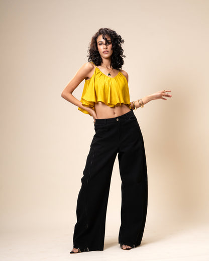 Spill Coordset - Black Barrel fit Denim and Frill Crop Top
