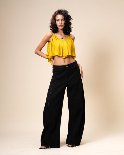Spill Coordset - Black Barrel fit Denim and Frill Crop Top