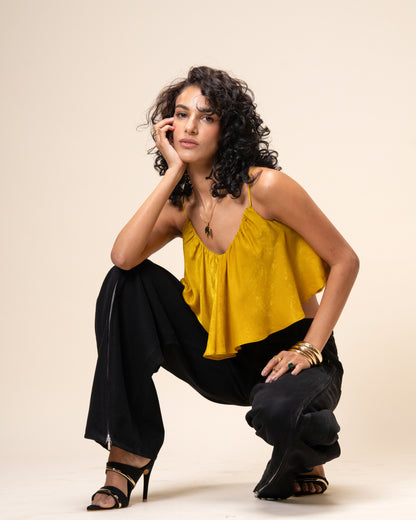 Spill Coordset - Black Barrel fit Denim and Frill Crop Top
