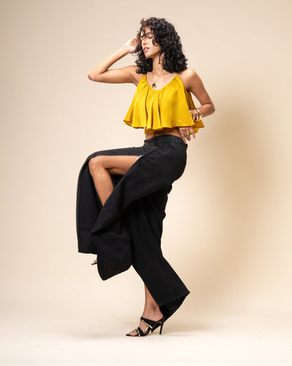 Spill Coordset - Black Barrel fit Denim and Frill Crop Top