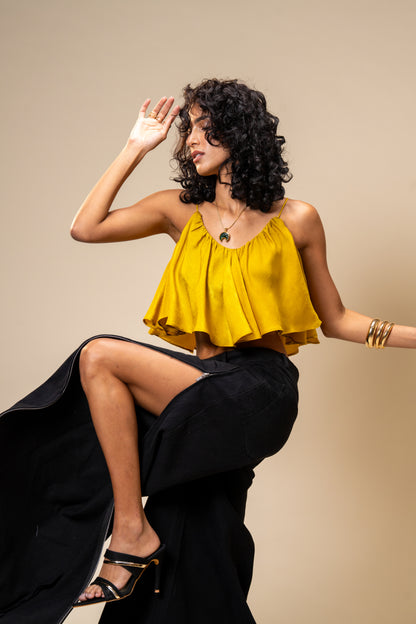 Spill Coordset - Black Barrel fit Denim and Frill Crop Top